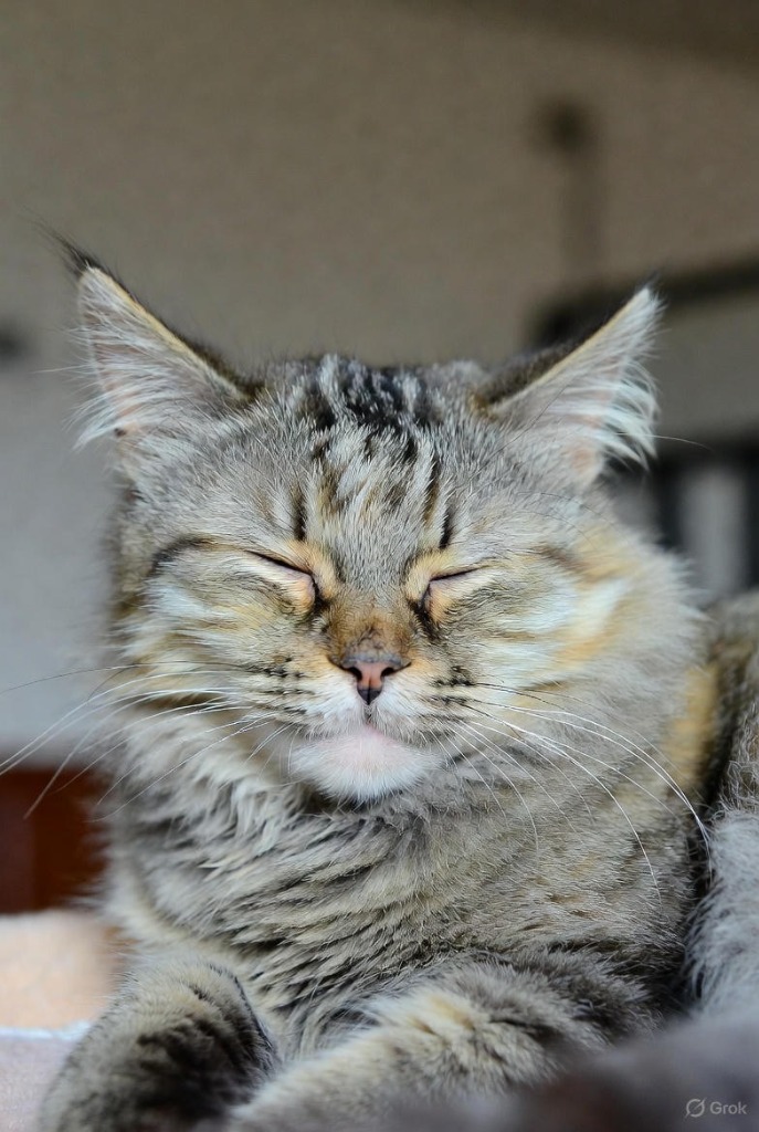 Luna, a tabby cat, sleeping peacefully after recovering from severe injuries