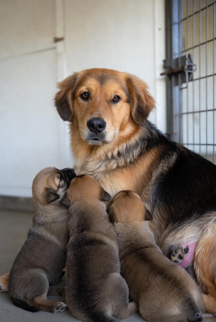 Bella, a mother dog, nursing her healthy puppies in a safe shelter